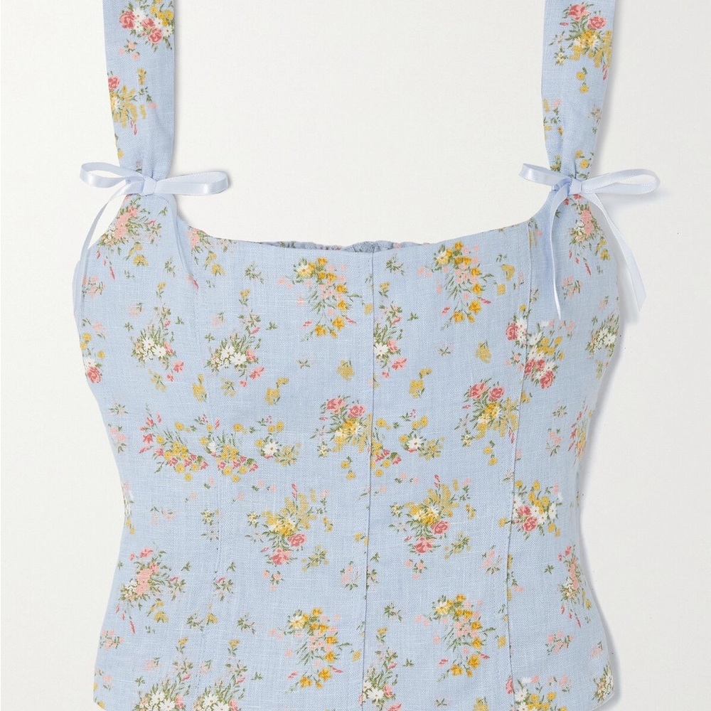 Reformation Minton Bow-Detailed Floral Linen Top